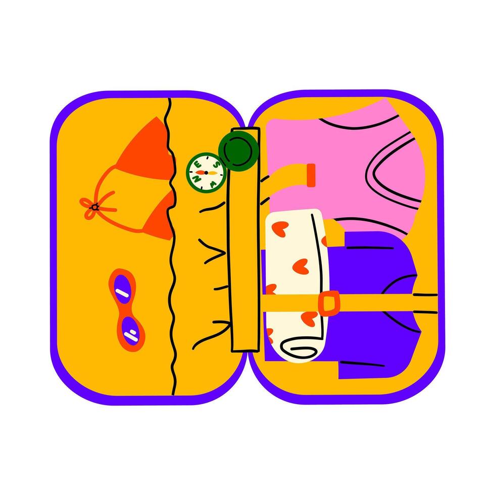 OpenSuitcase, bag and backpack for travel. Travel luggage. Family traveling suitcase, cabin luggage and check in baggage. illustration in flat hand drawn style design. vector