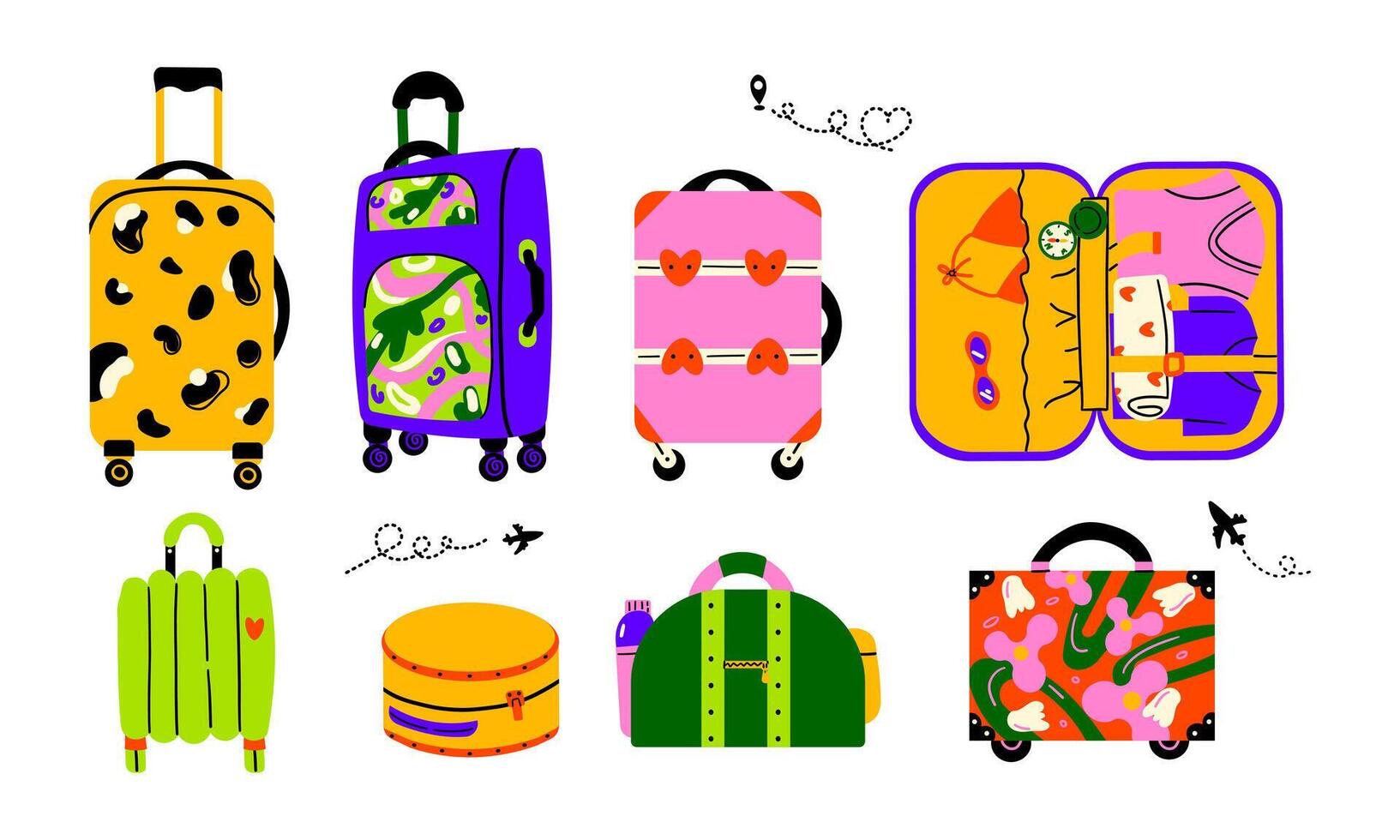 Set of suitcases, bags and backpacks for travel. Various kinds of travel luggage. Family traveling suitcases, cabin luggage and check in baggage. illustration in flat hand drawn style design. vector