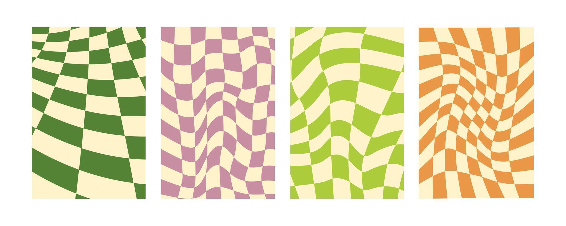 Groovy distorted checkered background set. Hand drawn groovy, hippie backgrounds. Distorted checker, warped streaks, fluid liquid wavy lines, doodle waves. Checkered rectangle templates collection. vector