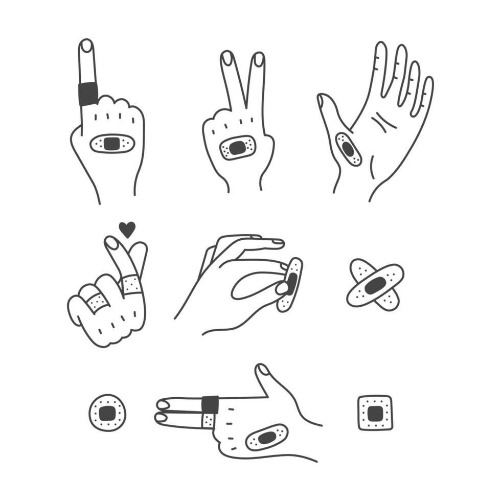 Hand applying Adhesive Bandage Set vector