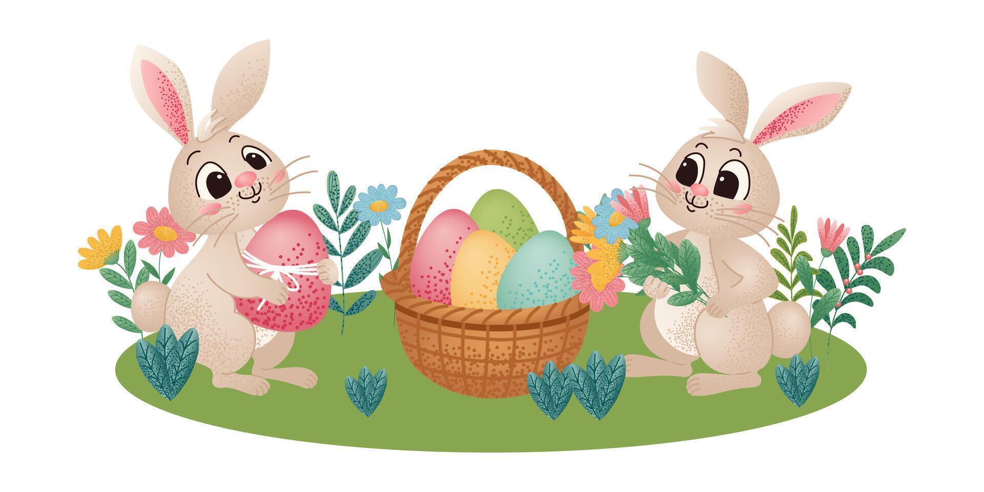 Two cute bunnies celebrating easter, holding a decorated egg and a bouquet of spring flowers, with a basket full of colorful eggs. vector