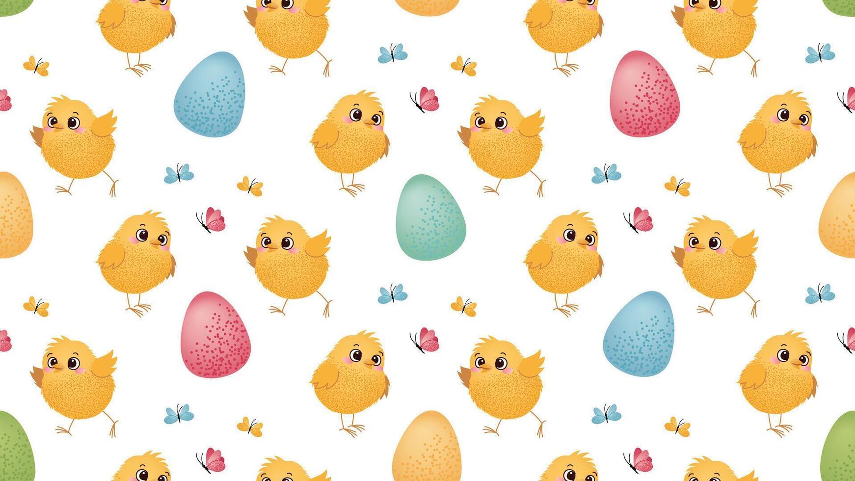 Seamless pattern with yellow Easter chicks, colorful eggs, and small butterflies on a white background. Easter celebration design for textile, wallpaper, greeting card, and wrapping paper. vector