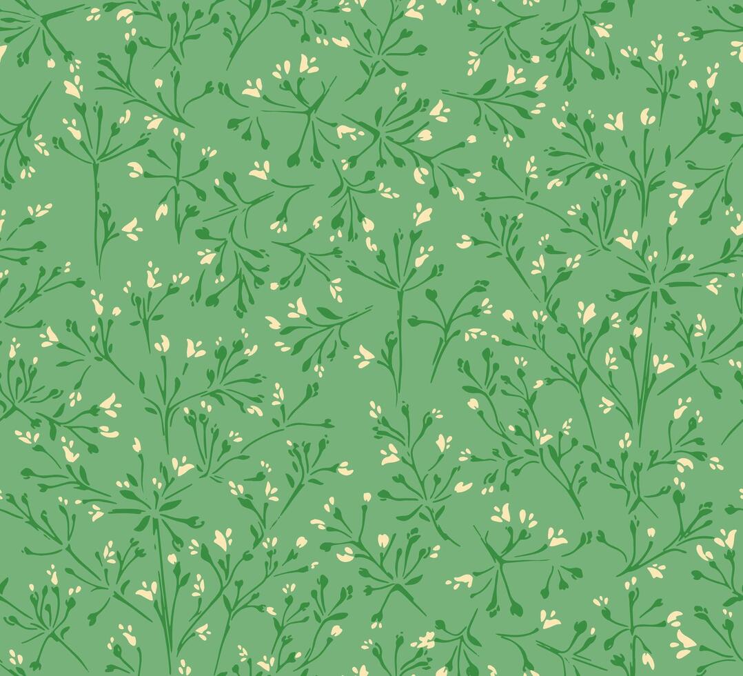 Elegant seamless floral pattern with delicate branches and small blossoms on a green background. Tiny flowers stems ornament print. Ideal for stationery, packaging, textiles, vector