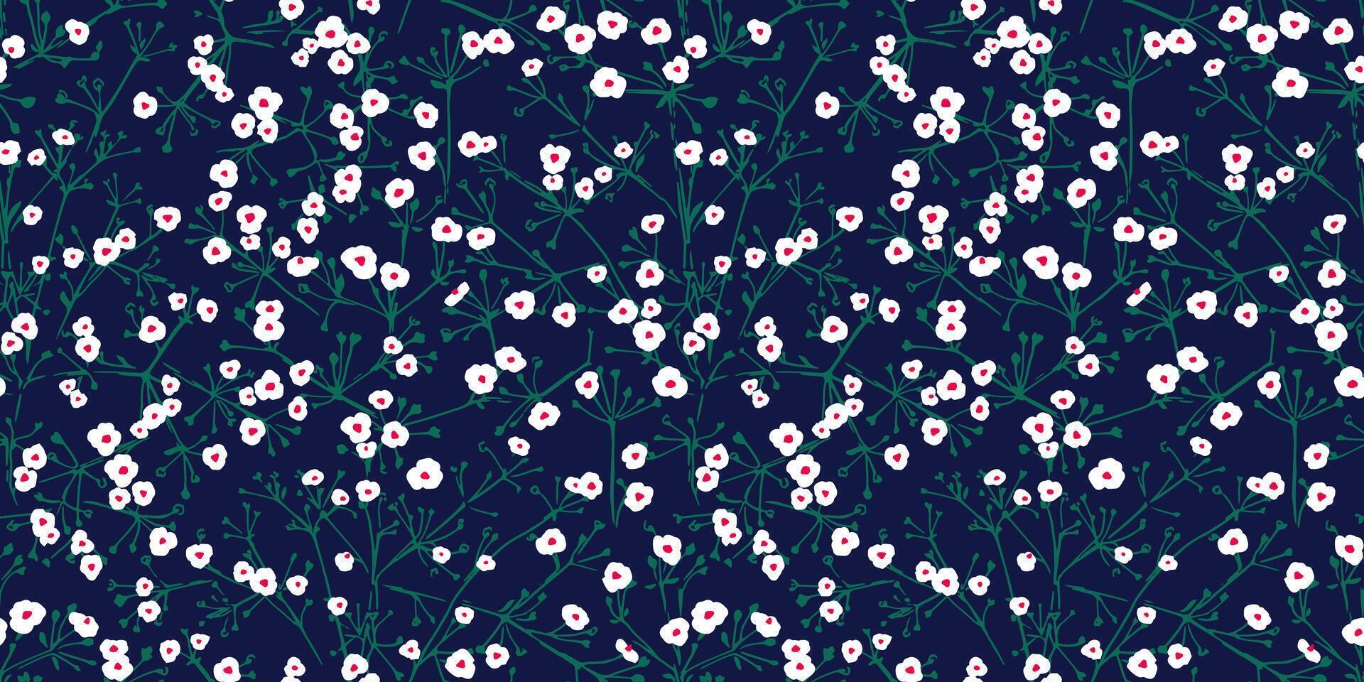 Charming seamless floral pattern featuring tiny white flowers and green branches on a deep navy background. Floral stems ornament print. Perfect for textiles, packaging, wallpapers, elegant designs vector
