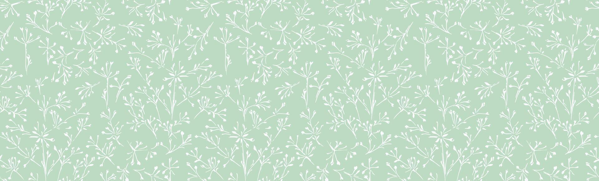 Seamless pattern featuring delicate white floral branches on a pastel mint green background. Elegant and minimalistic botanical design perfect for wallpapers, fabric prints, stationery vector