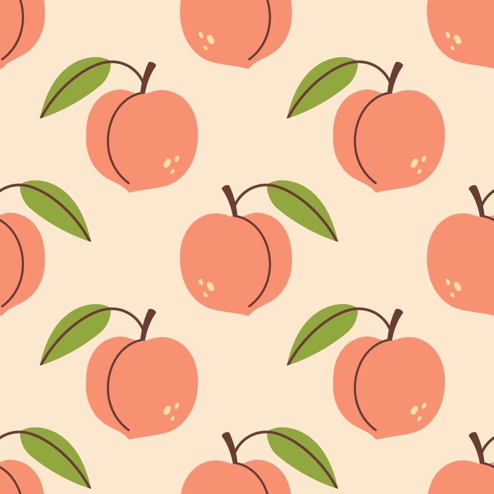 Peach seamless pattern. Peach fruit with leaf. Organic vitamins and healthy nutrition. Flat design, doodle style. Graphic texture. Fabric design. vector