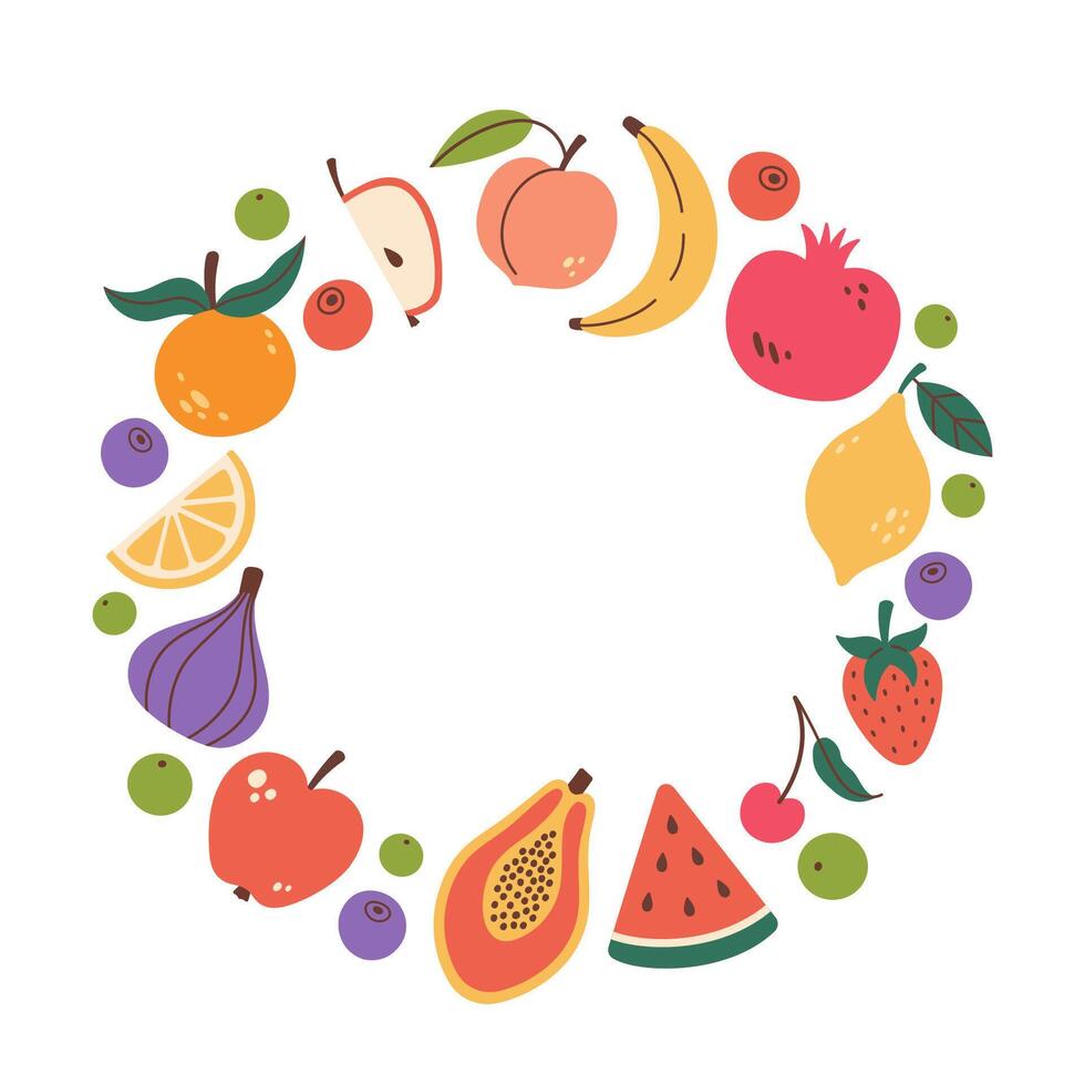 Cute hand drawn Fruits and berries round frame in doodle style. Fruits icons Circular template. Hand drawn Fruits circle border. Circular copy space template. illustration isolated on white. vector