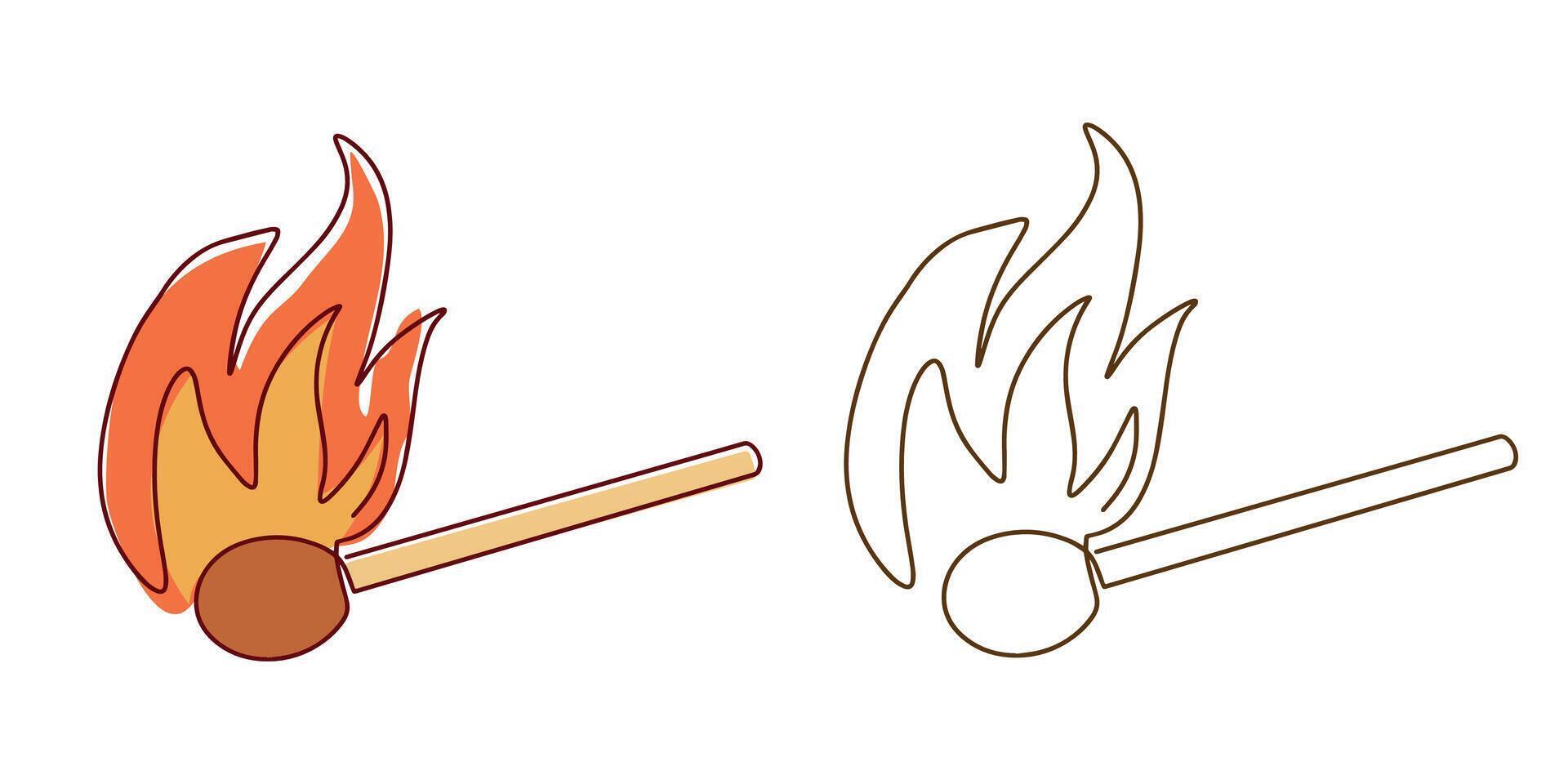 Fire on a match. Burning fire. Warm. Lighting a match. Match drawn with a continuous line. White background vector