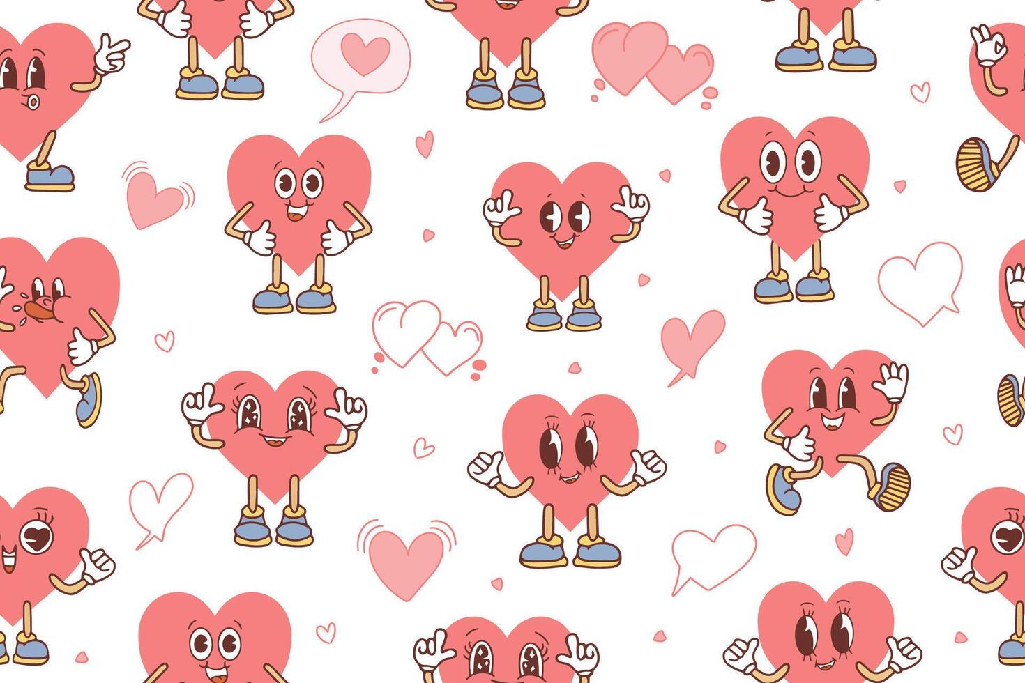 Fashionable pattern with cute pink hearts in kawaii style. Seamless pattern for Valentine's Day. vector