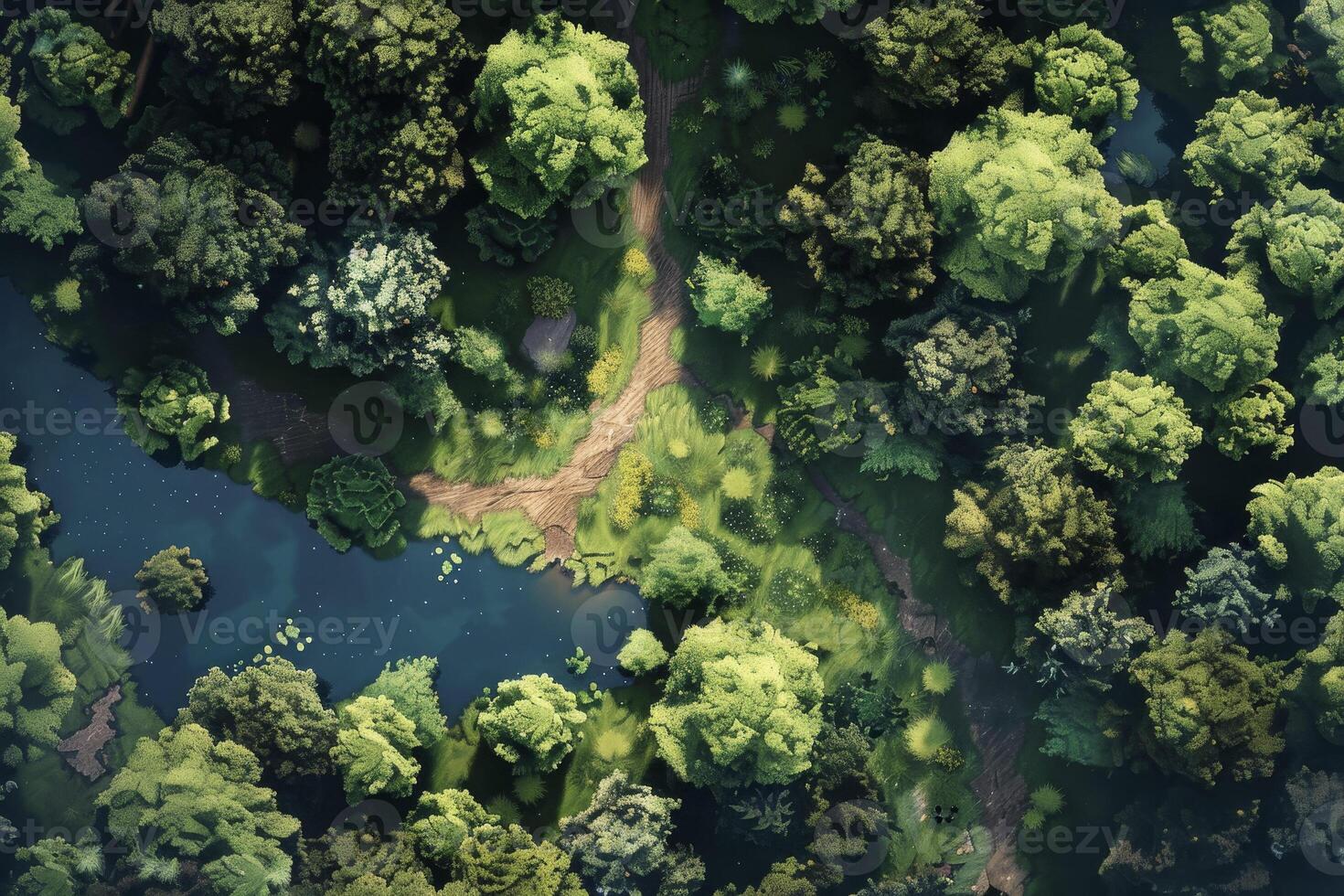 An aerial view of a forest with trees and water photo