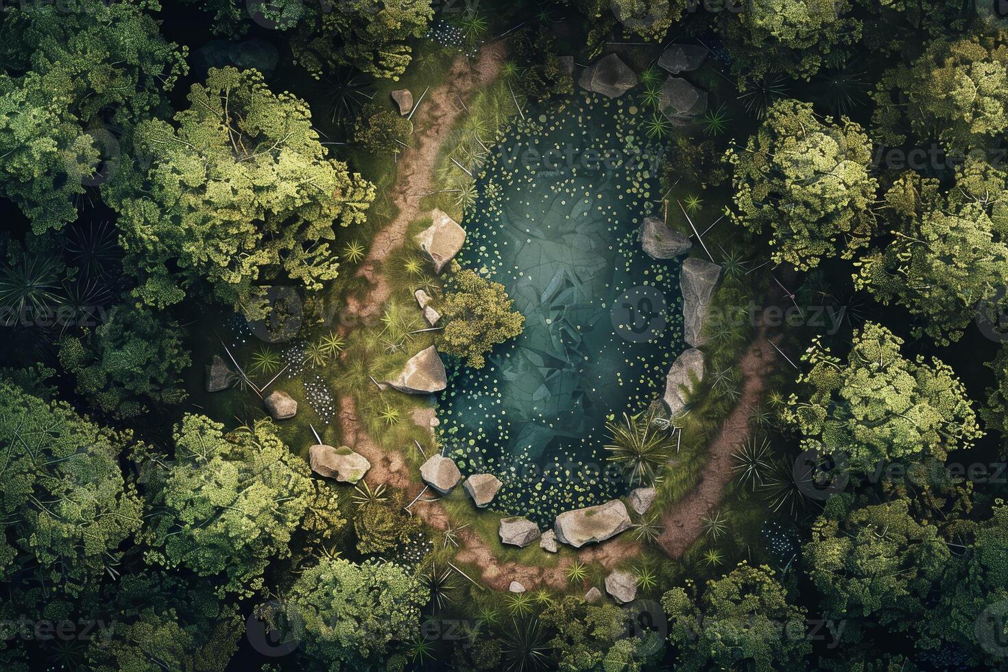 An aerial view of a pond surrounded by trees photo
