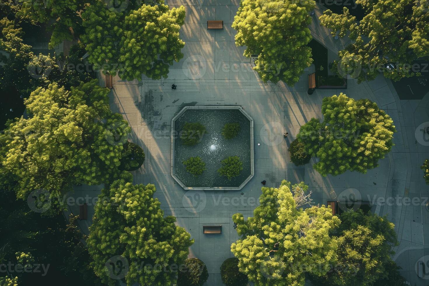 An aerial view of a park with trees and benches photo