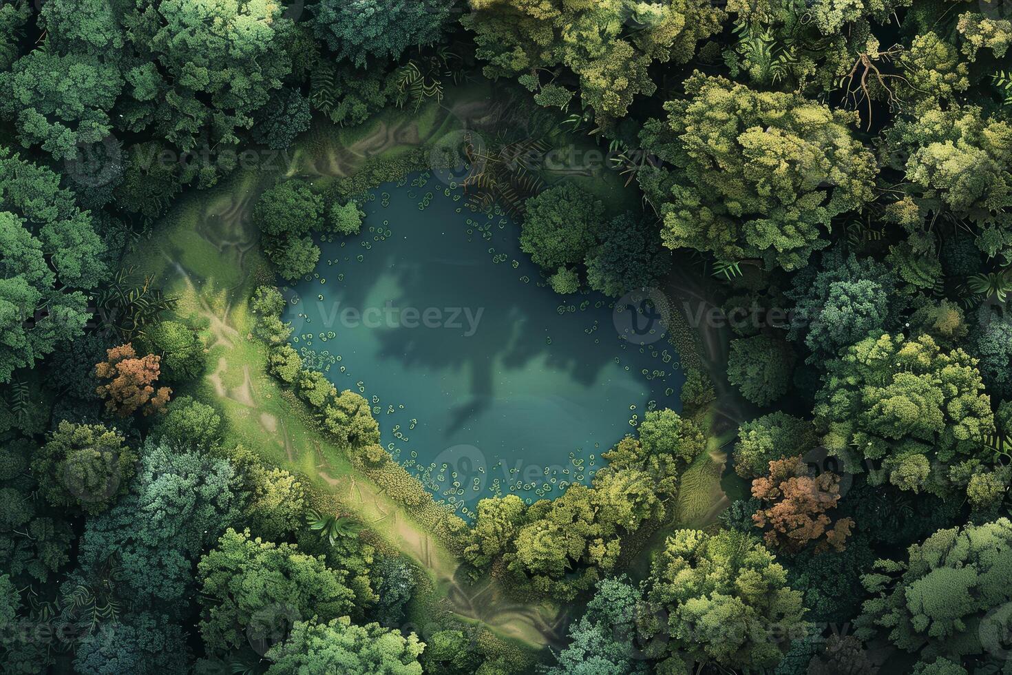 An aerial view of a forest with a pond photo