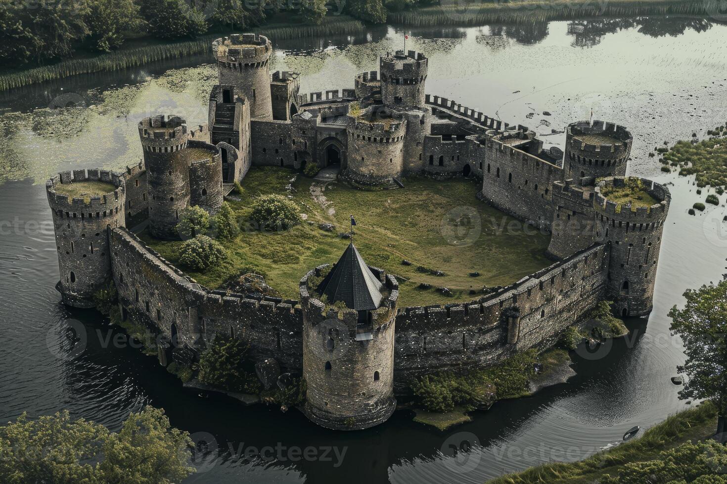 An aerial view of a castle surrounded by water photo