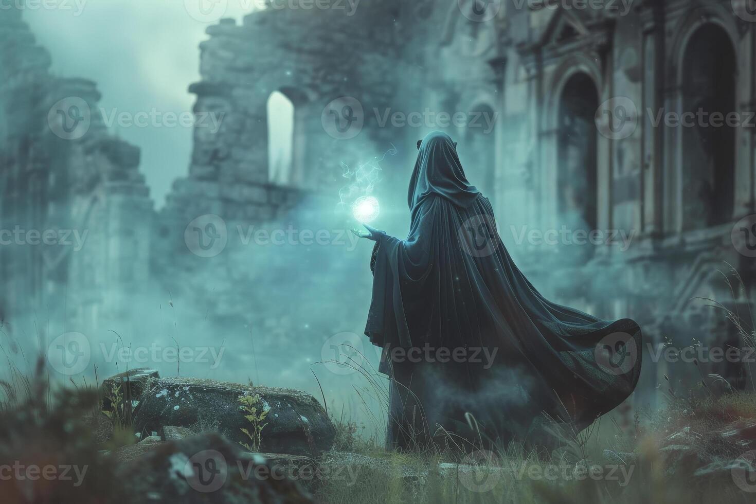 A man in a cloak is standing in front of a castle photo
