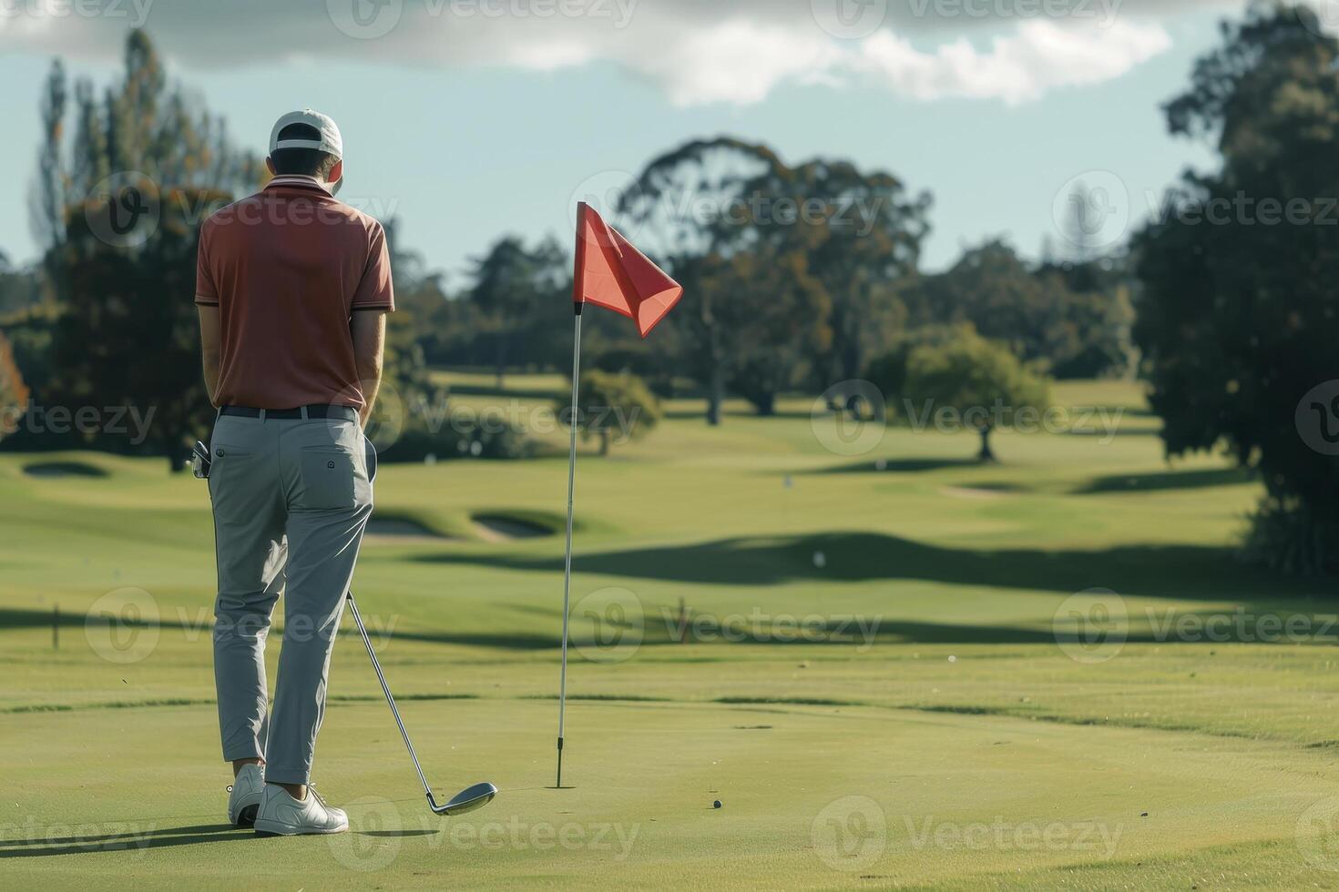 A man is standing on a golf course with a red flag photo