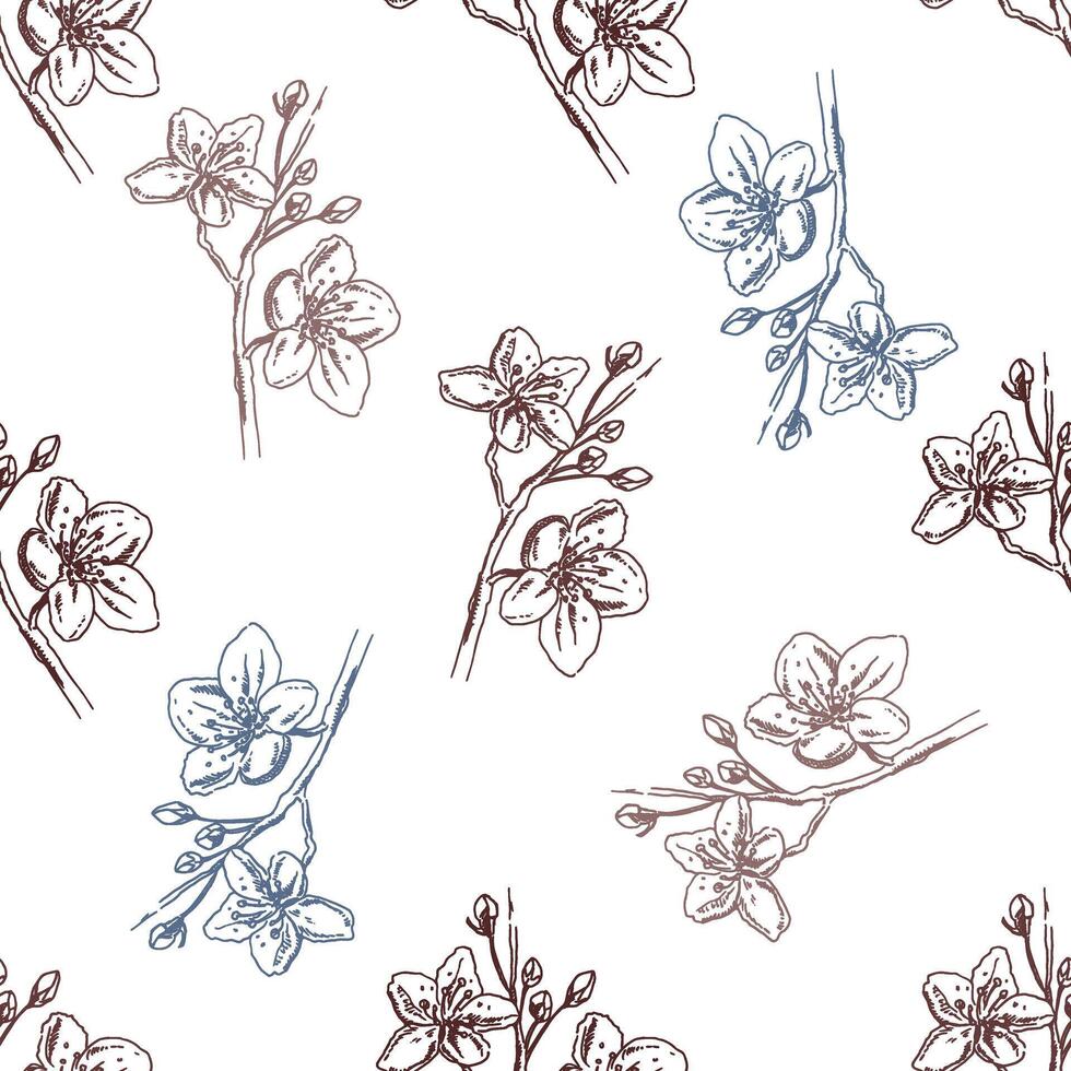 Seamless pattern with hand drawn cherry blossom branches in vintage sketch style vector