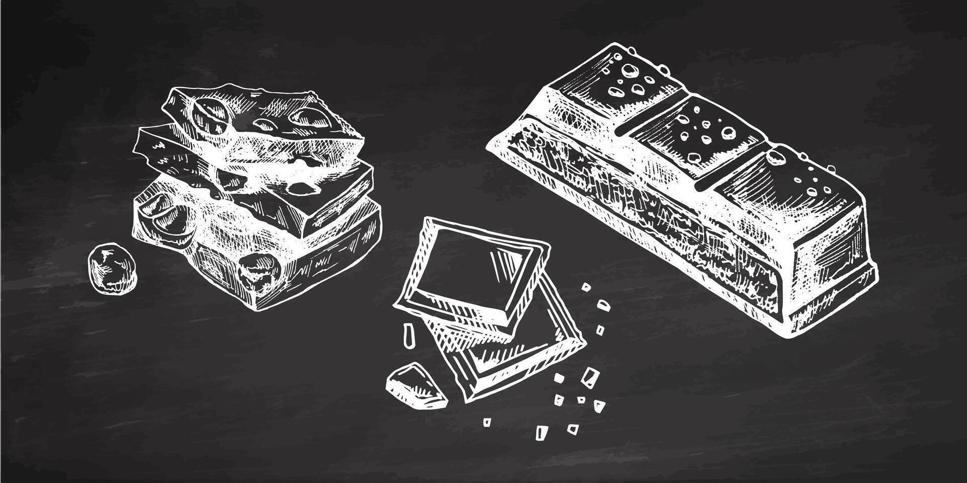 Hand-drawn chocolate bar and pieces vintage style illustration Vintage hand drawn chocolate pieces with nuts detailed illustration on chalkboard background vector