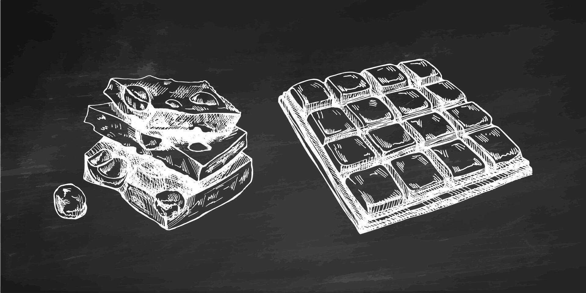 Hand-drawn chocolate bar and nut pieces vintage illustration on chalkboard background vector