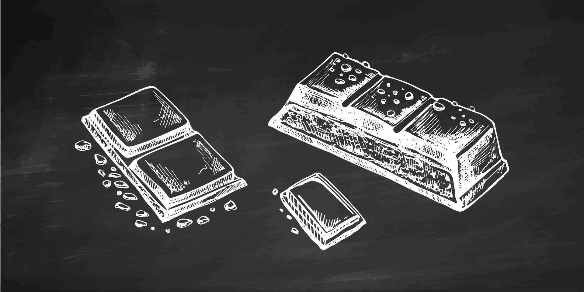 Hand-drawn chocolate bars with artistic and detailed design illustrations on chalkboard background vector
