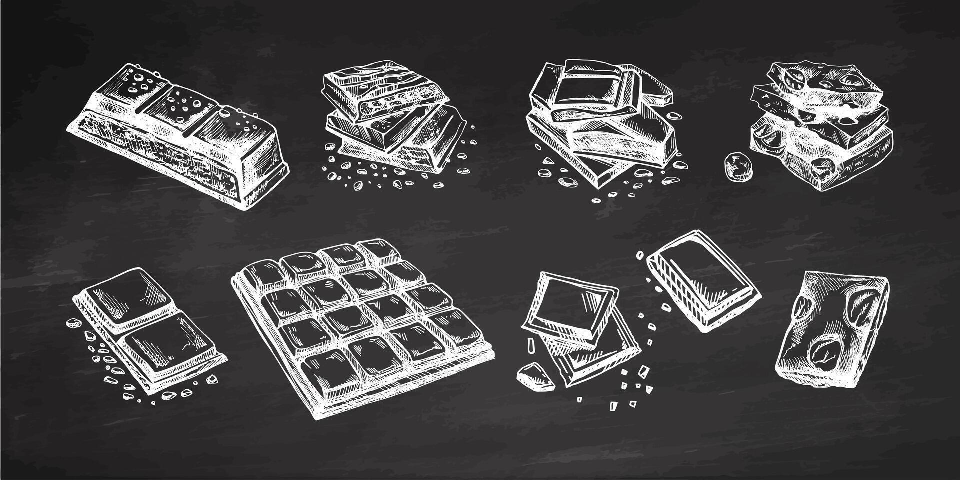 Hand-drawn chocolate illustrations set featuring bars and chunks on chalkboard background vector