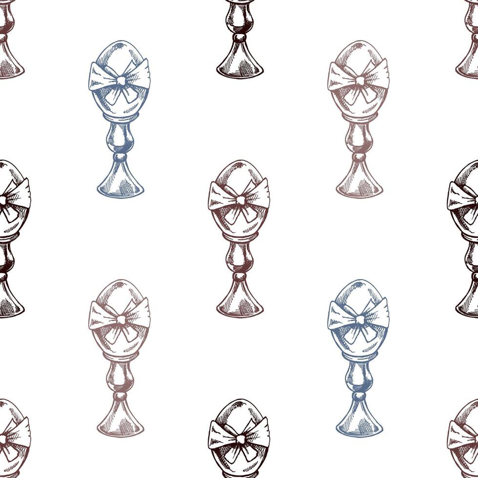 Hand drawn vintage seamless pattern of Easter eggs in egg cups in pastel colors vector
