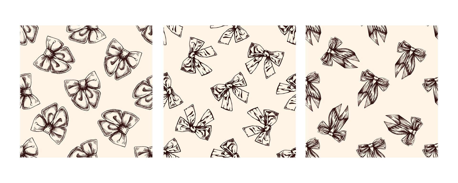 Seamless hand drawn vintage bow patterns in brown on beige background vector
