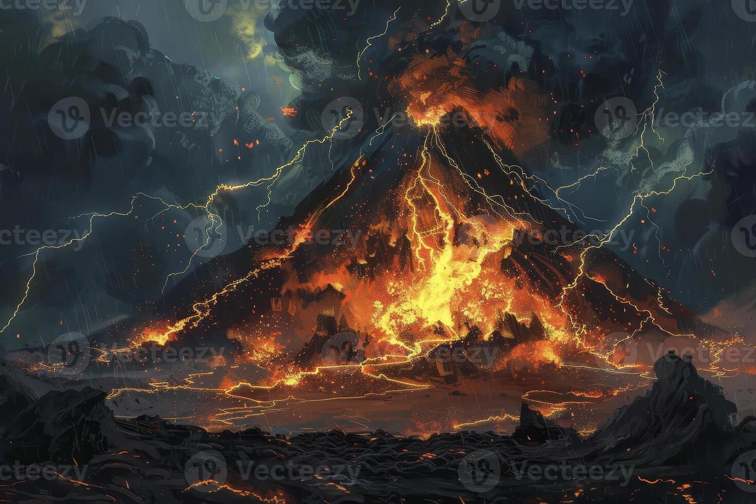 A volcano with lava and lightning coming out of it photo