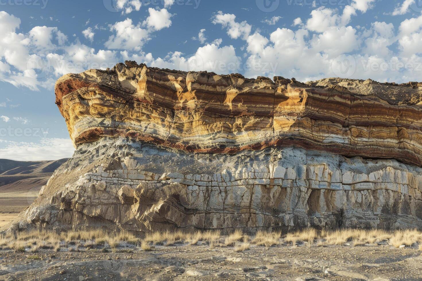 A rock formation in the desert with a blue sky photo