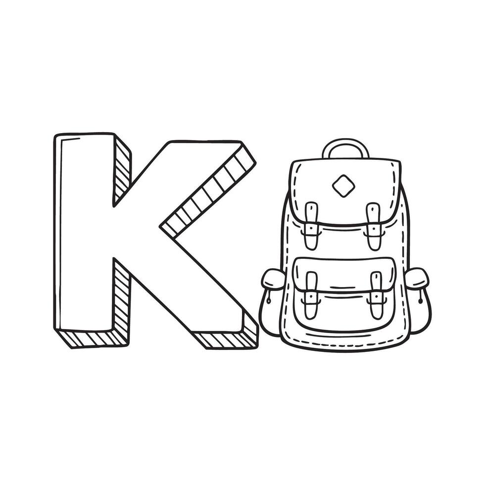 An illustration of knapsack beside letter K vector