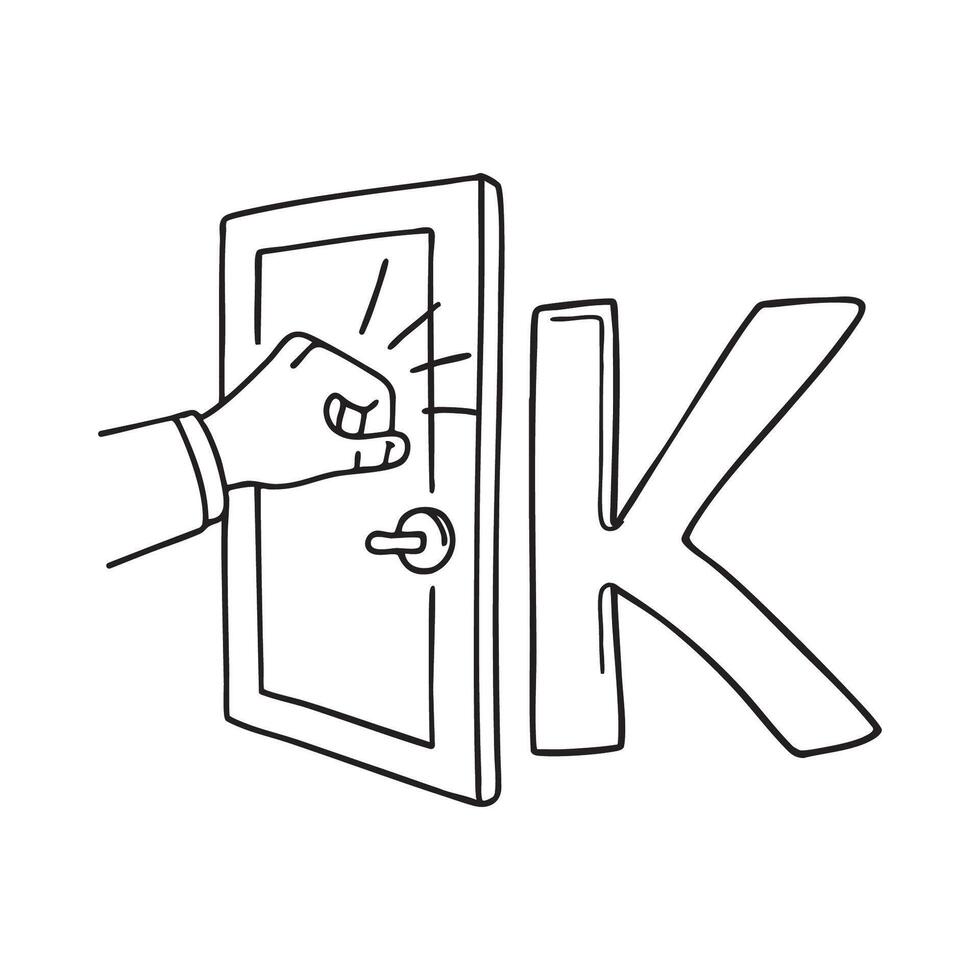 An illustration of knock beside letter K vector