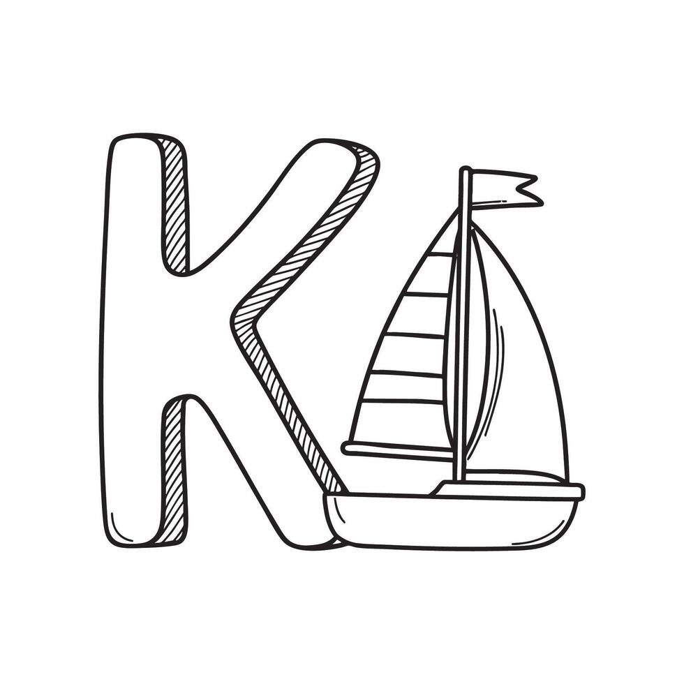 An illustration of keelboat beside letter K vector