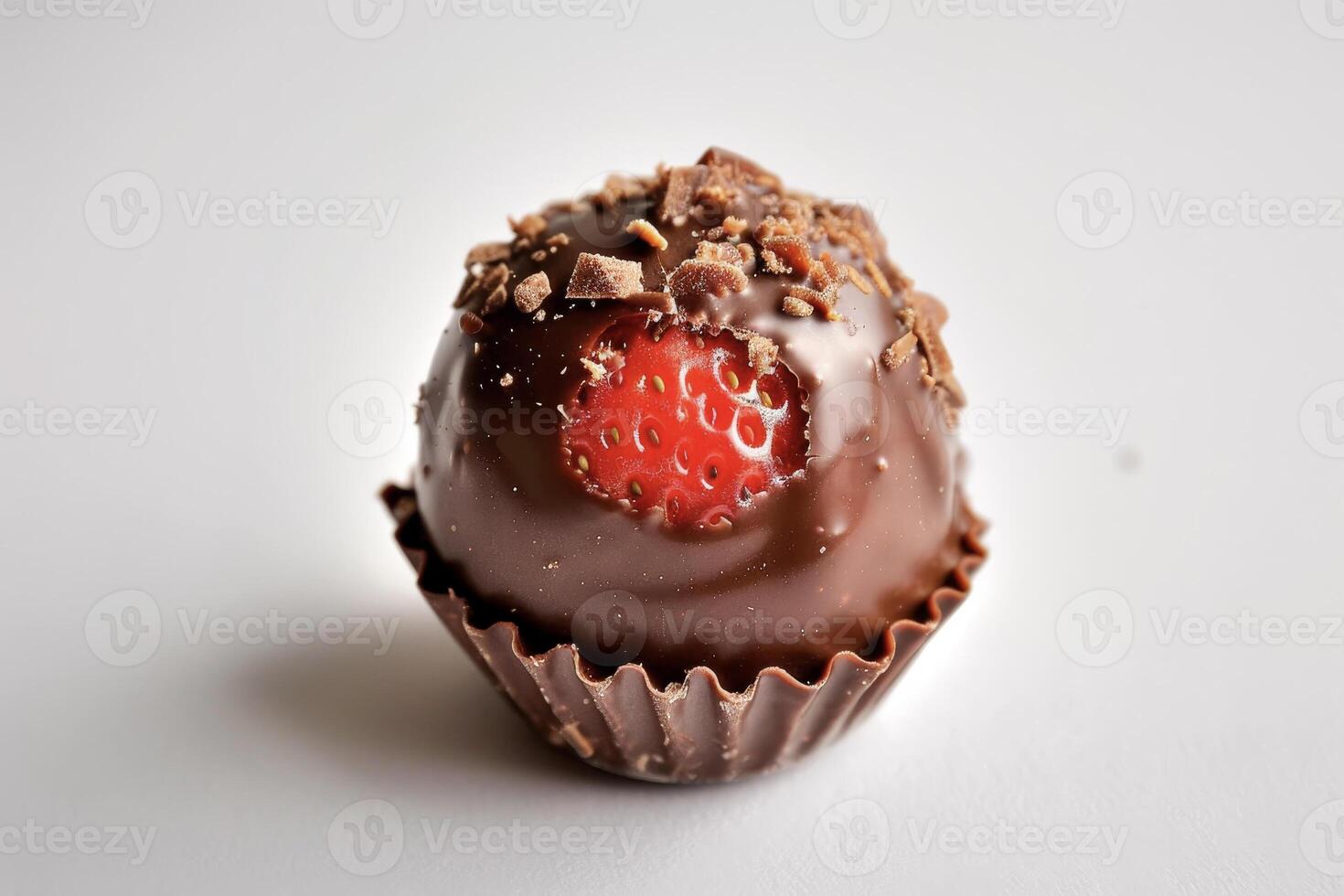 A chocolate covered strawberry sitting on top of a white surface photo