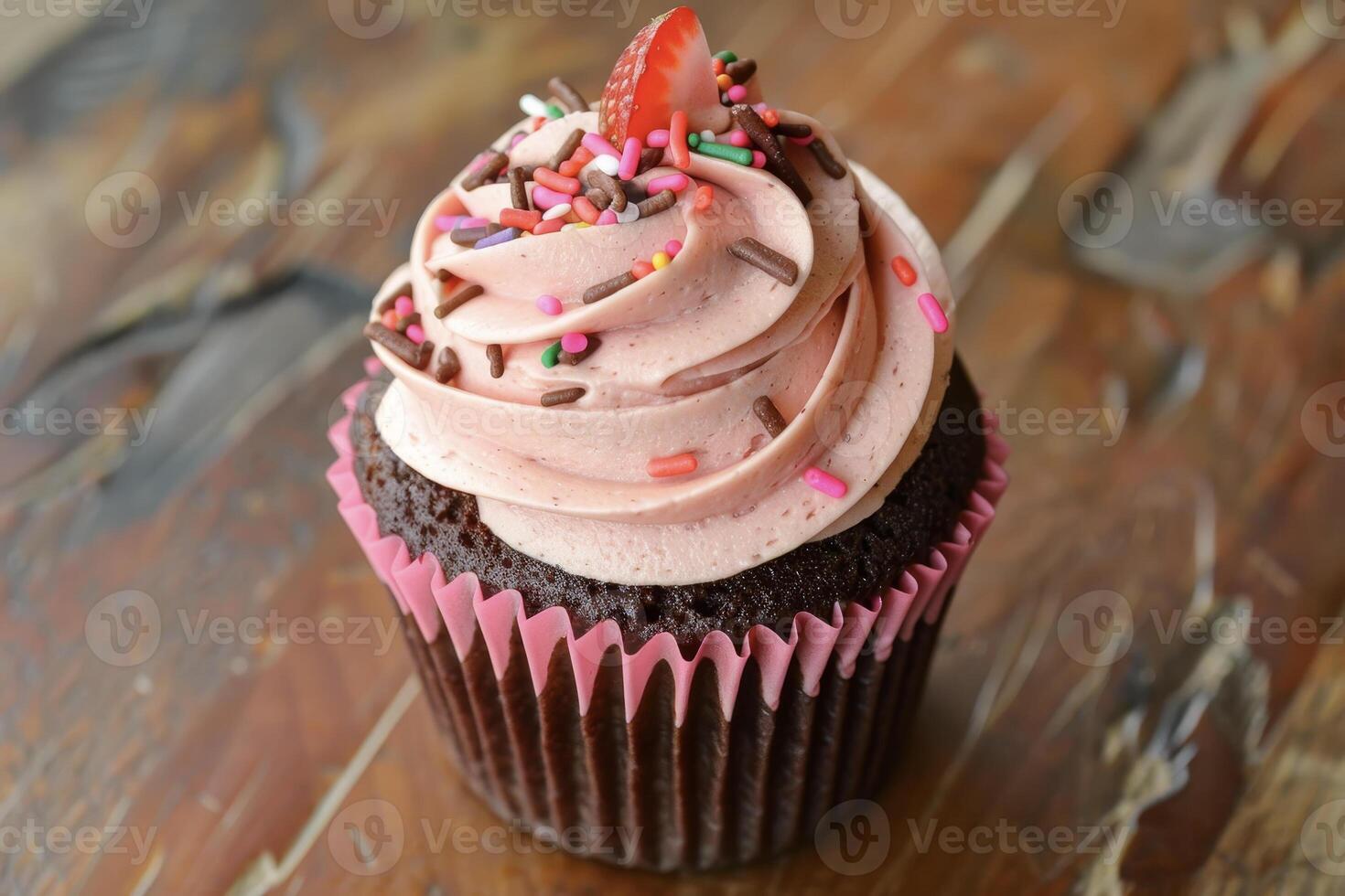 A chocolate cupcake with pink frosting and sprinkles photo