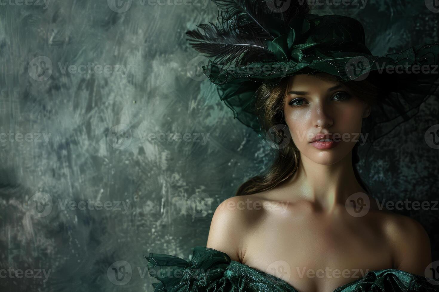 A beautiful woman in a green dress and hat photo