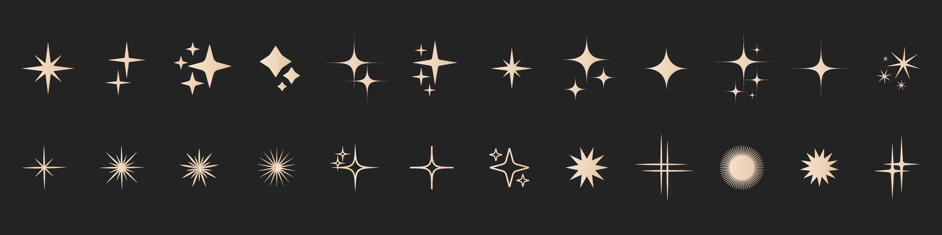Retro star different shapes flash silhouette set, Collection of twinkle particle stars and rays decorative symbols for design. icons y2k style basic shapes geometric graphic elements vector