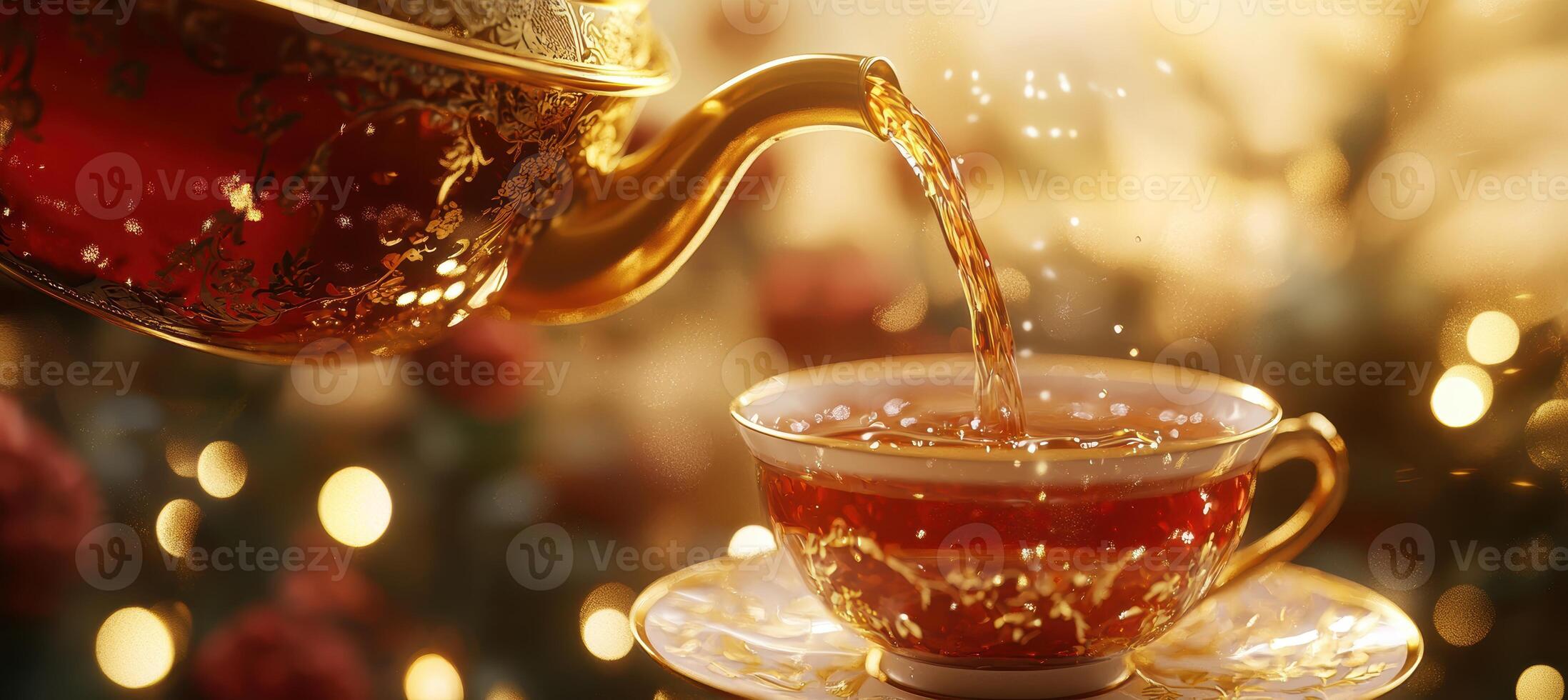 Elegant Pouring of Red Rooibos Tea into Porcelain Cup for Luxurious Tea Time Setting photo
