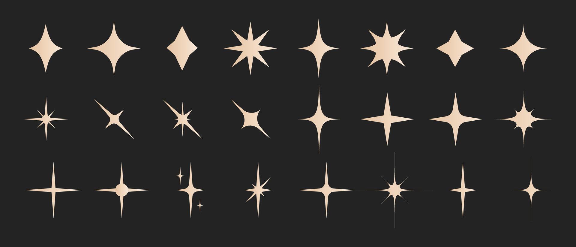 Retro star of different shapes flash silhouette set, Collection of twinkle particle stars and rays decorative symbols for design. icons y2k style basic shapes geometric graphic elements vector