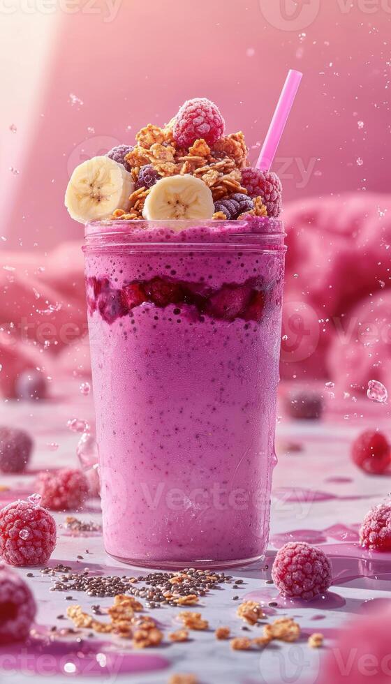 Berry Banana Smoothie with Granola and Chia Seeds for a Healthy Breakfast or Snack Option photo