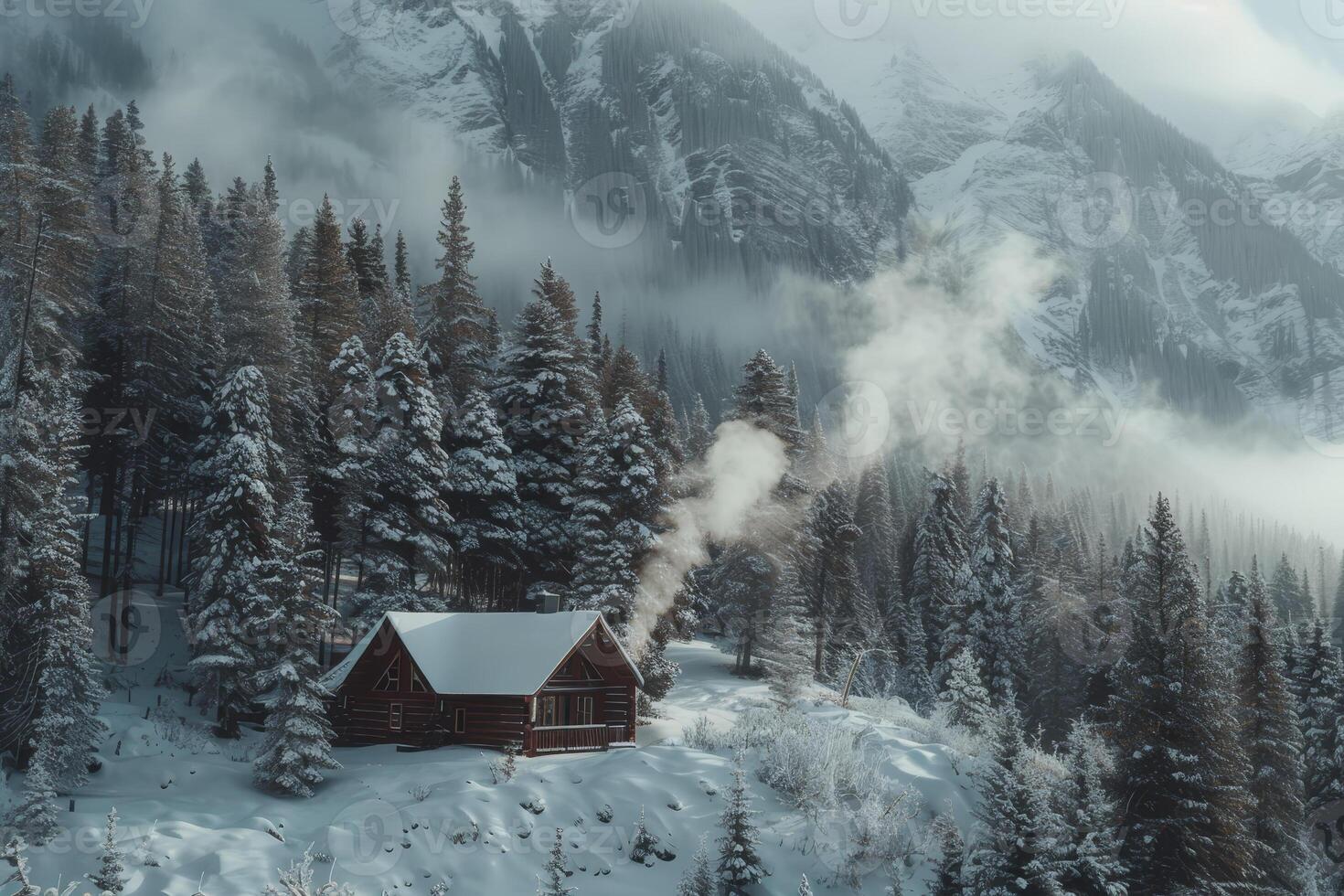 A cabin in the mountains with snow on the ground photo