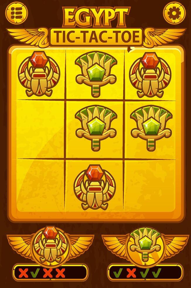 TIC TAC TOE UI in Egyptian themed. Egyptian icons- Scarab and lotus. Board logic game for your game development UI. strategy game noughts and crosses vector