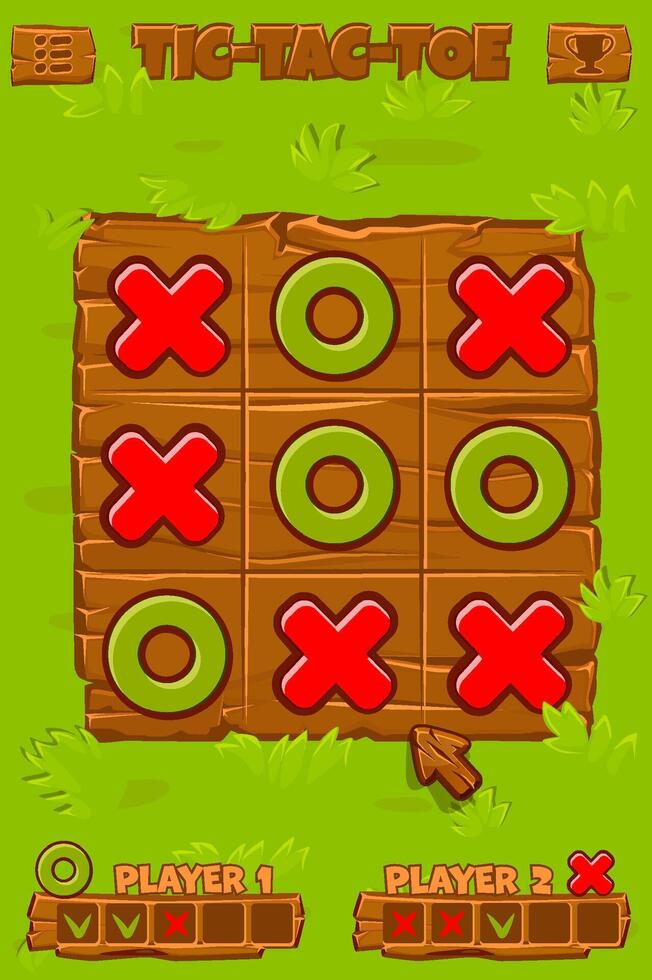 Board game TIC-TAC-TOE. Grass background with wooden board. Spring holiday printable worksheet. Zero and crosses grid. Board logic game for your game development mobile UI. Farm themed vector