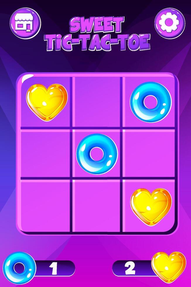 Tic-Tac-Toe in Purple Sweet style, UI game with cursor arrow. cartoon strategy game noughts and crosses. Board logic game for your mobile game development UI. vector