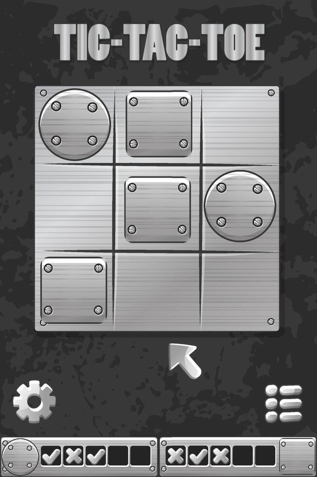 Tic-Tac-Toe metal style, UI game with cursor arrow. cartoon strategy game noughts and crosses. Board logic game for your mobile game development UI vector