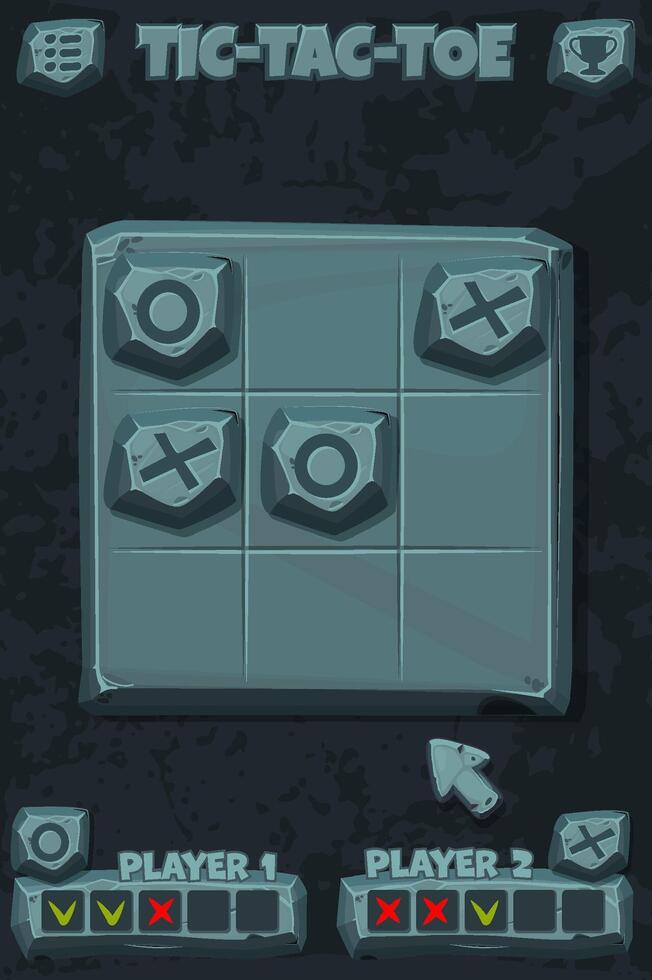 Tic-Tac-Toe stone style, UI game with cursor arrow. cartoon strategy game noughts and crosses. Board logic game for your mobile game development UI. vector