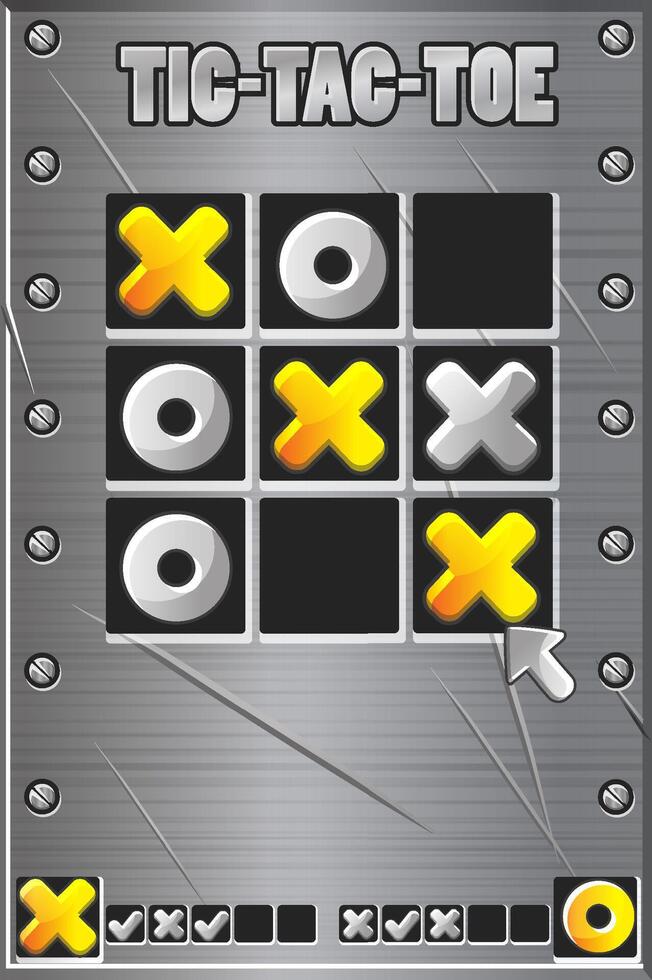 Tic-Tac-Toe metal style, UI game with cursor arrow. Board logic game for your mobile game development UI. cartoon strategy game noughts and crosses vector