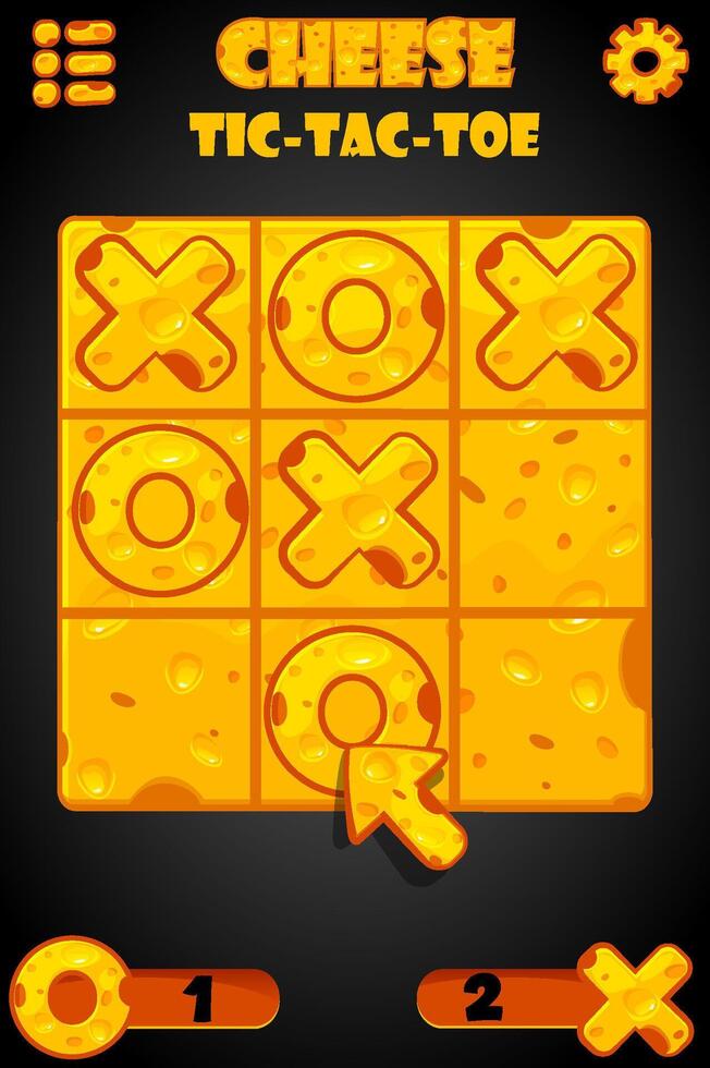 Adobe IllustratoTic-Tac-Toe in Cheese style, UI game with cursor arrow. Cartoon strategy game noughts and crosses. Board logic game for your mobile game development UIr Artwork vector