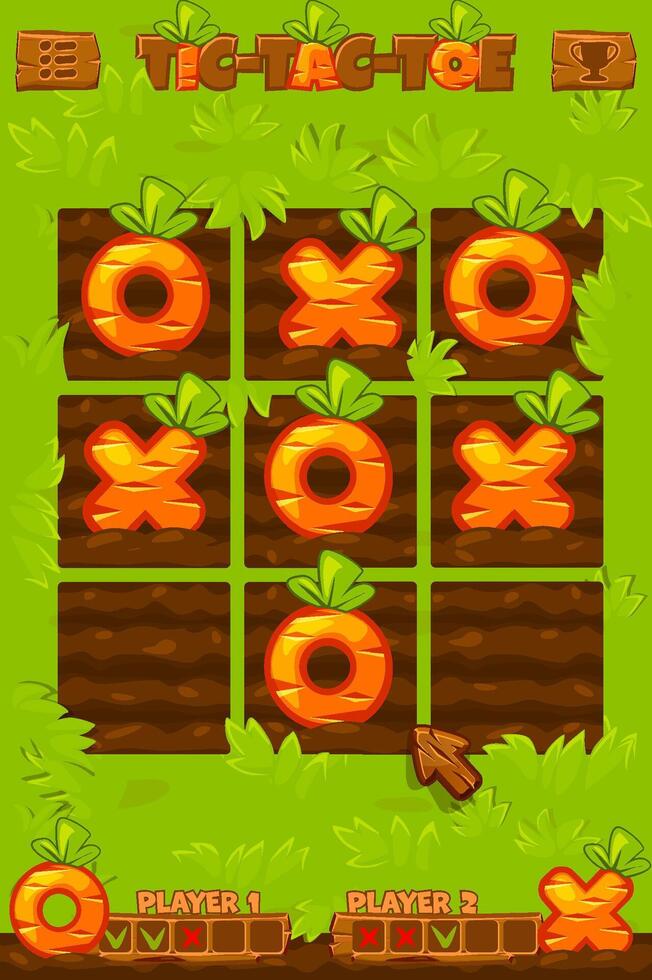 Board game TIC-TAC-TOE. Grass background with Carrots. Spring holiday printable worksheet. Zero and crosses grid. Board logic game for your game development UI. Farm themed. vector