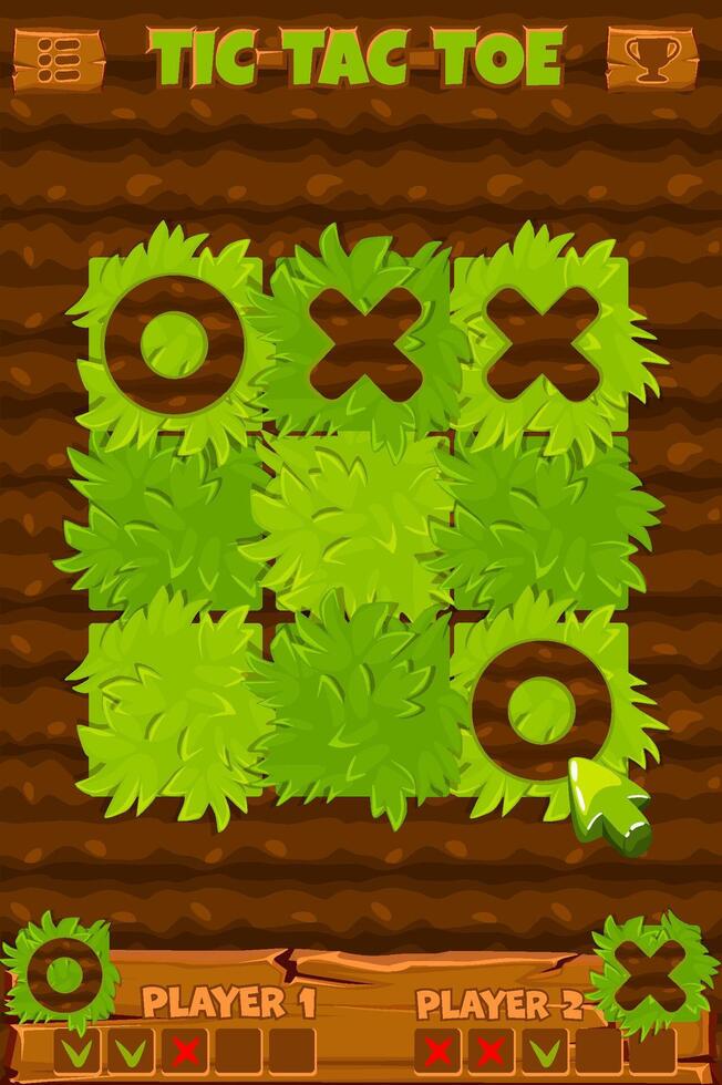 Board game TIC-TAC-TOE. Ground background with grass. Spring holiday printable worksheet. Zero and crosses grid. Board logic game for your game development UI. Farm themed vector