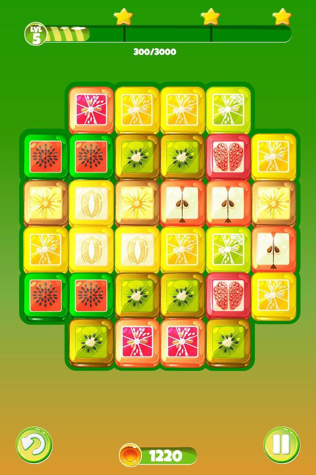 Match3 Candy Puzzle Game Screen, Candy or fruits themed. UI game, buttons and set of fruit candys - 9 options- watermelon, lime, orange, kiwi, apple, grapefruit, pineapple, melon, pomegranate vector
